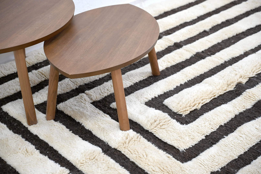 Tapis Beni Mrirt Sur Mesure | Géométrique Concentrique Noir et Crème