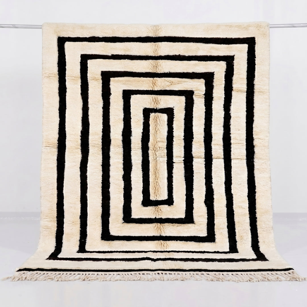 Tapis Beni Mrirt Sur Mesure | Géométrique Concentrique Noir et Crème