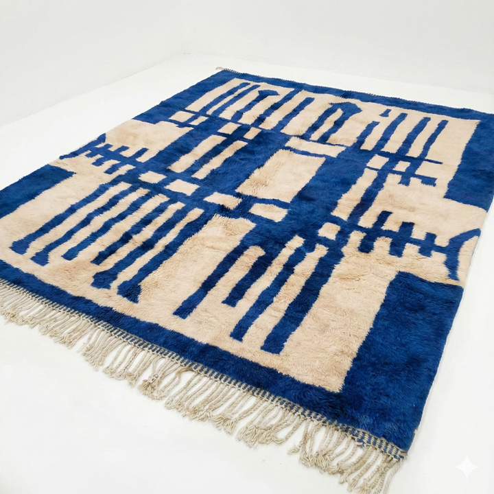 Custom Beni Mrirt Rug – Bold Geometric Labyrinth in Cobalt Blue &amp; Ivory