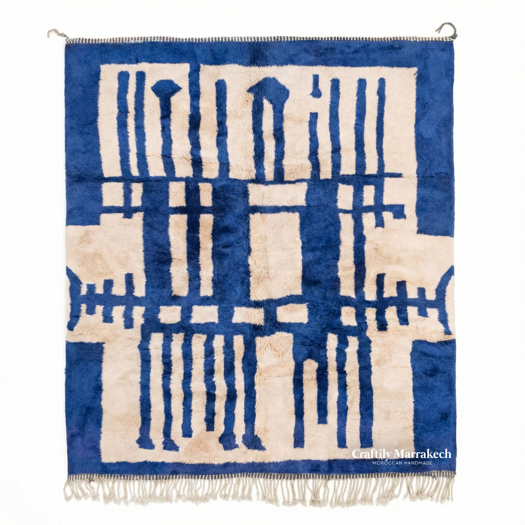 Custom Beni Mrirt Rug – Bold Geometric Labyrinth in Cobalt Blue &amp; Ivory