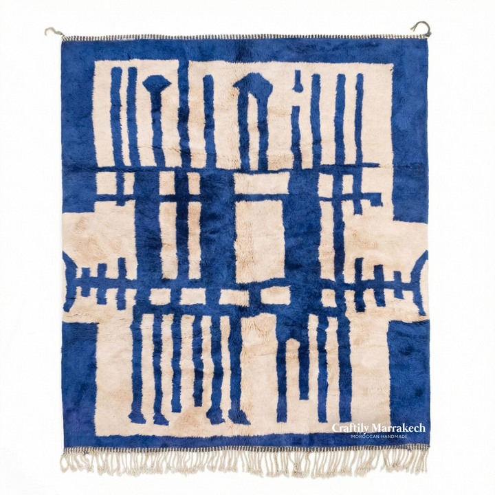Custom Beni Mrirt Rug – Bold Geometric Labyrinth in Cobalt Blue &amp; Ivory