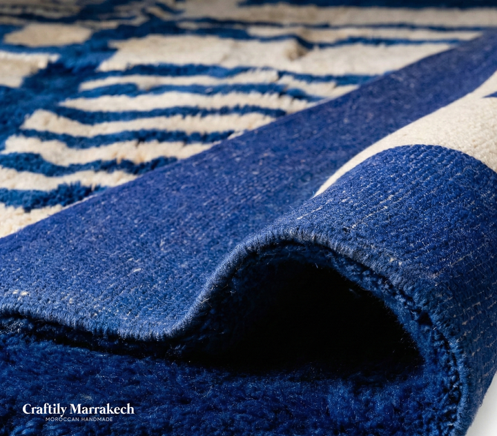 Custom Beni Mrirt Rug – Bold Geometric Labyrinth in Cobalt Blue &amp; Ivory
