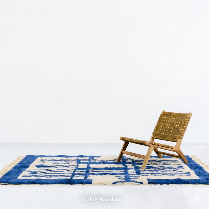 Custom Beni Mrirt Rug – Bold Geometric Labyrinth in Cobalt Blue &amp; Ivory