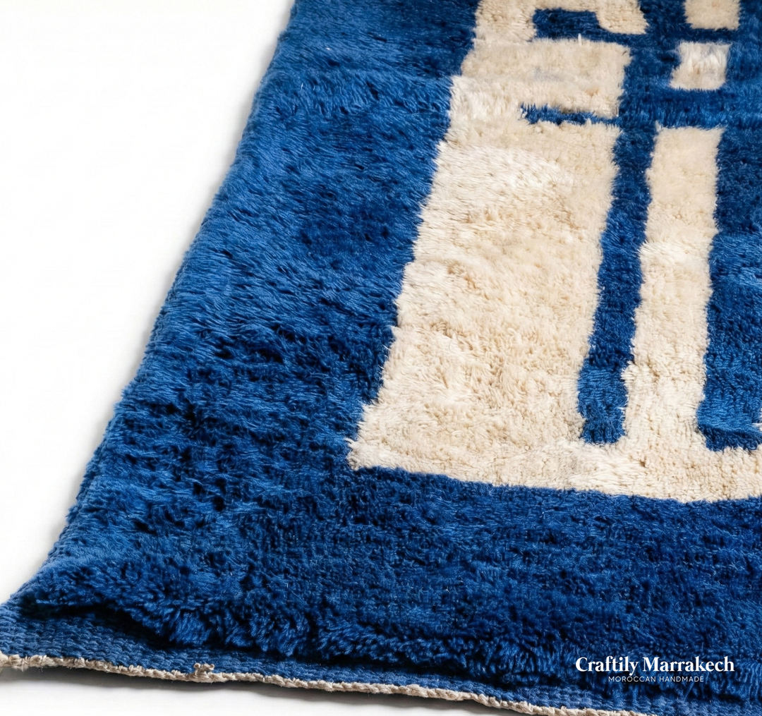 Custom Beni Mrirt Rug – Bold Geometric Labyrinth in Cobalt Blue &amp; Ivory