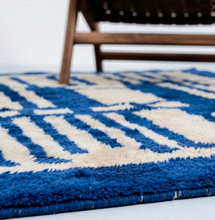 Custom Beni Mrirt Rug – Bold Geometric Labyrinth in Cobalt Blue &amp; Ivory