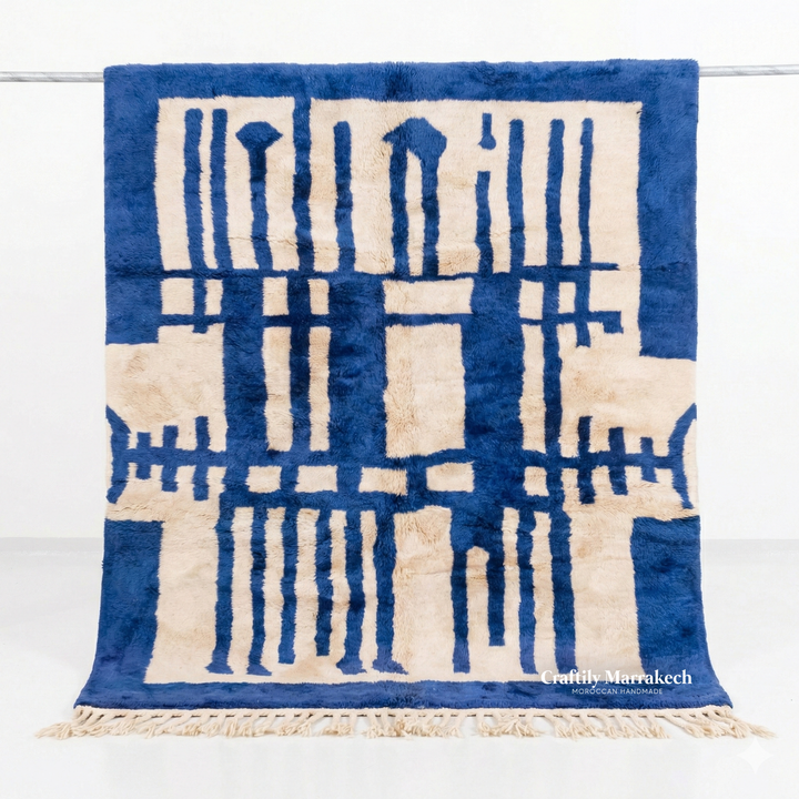 Custom Beni Mrirt Rug – Bold Geometric Labyrinth in Cobalt Blue &amp; Ivory