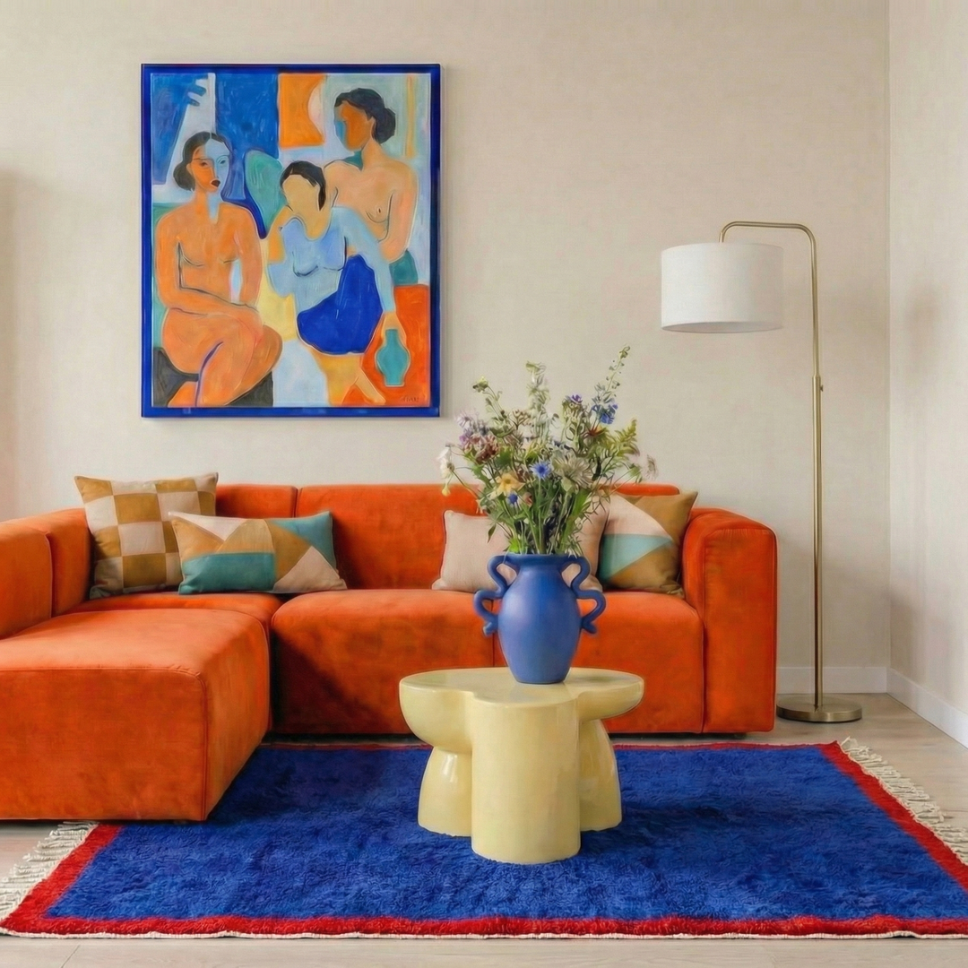 Tapis Beni Mrirt sur mesure | Bleu cobalt et bordure rouge