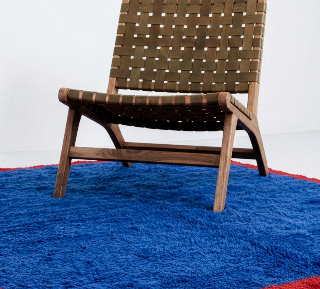 Tapis Beni Mrirt sur mesure | Bleu cobalt et bordure rouge