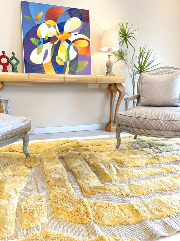 Custom Beni Mrirt Rug | Golden Mustard Interlocking Geometric