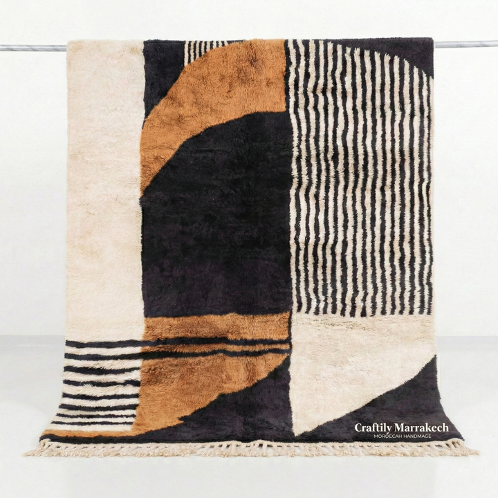Custom Beni Mrirt Rug – Modernist Abstract Geometric in Camel &amp; Black