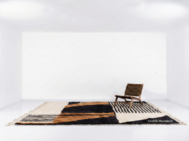 Custom Beni Mrirt Rug – Modernist Abstract Geometric in Camel &amp; Black