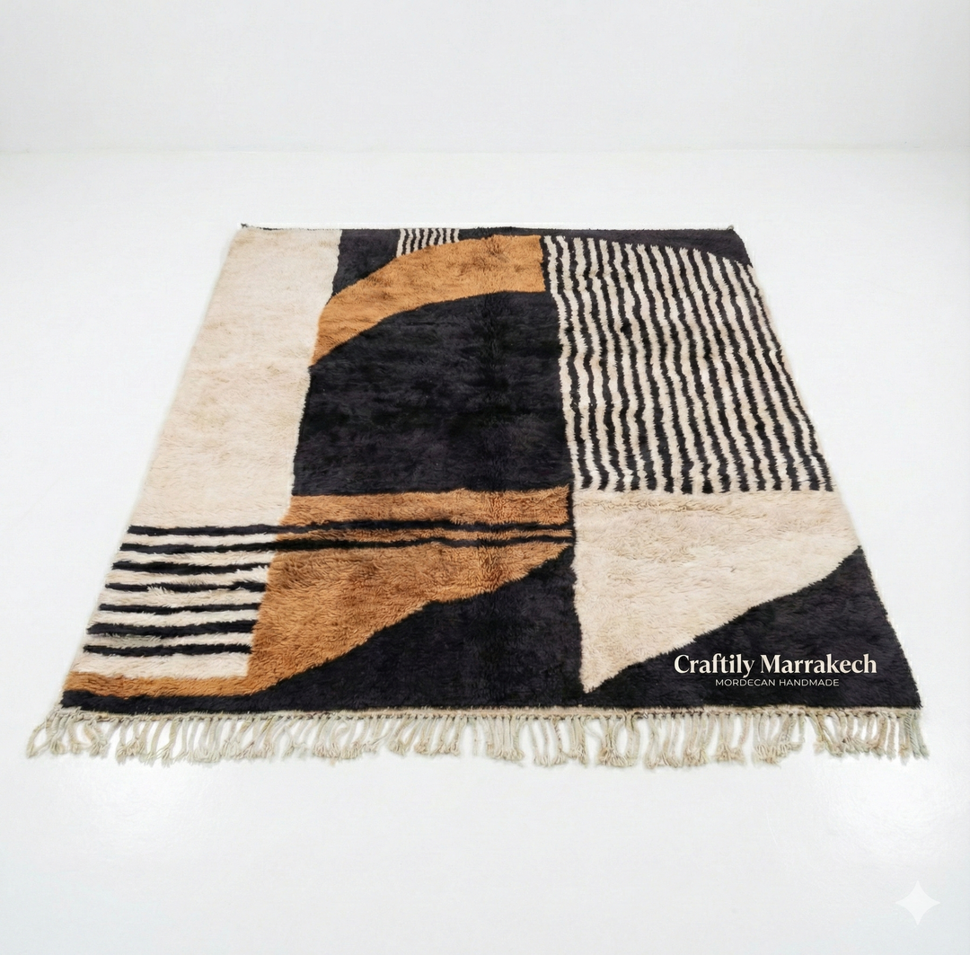 Custom Beni Mrirt Rug – Modernist Abstract Geometric in Camel &amp; Black