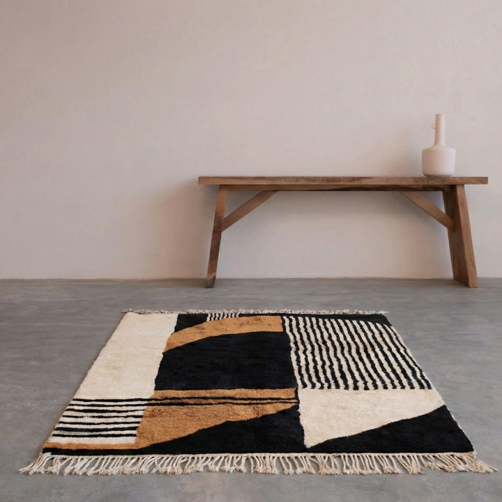 Custom Beni Mrirt Rug – Modernist Abstract Geometric in Camel &amp; Black