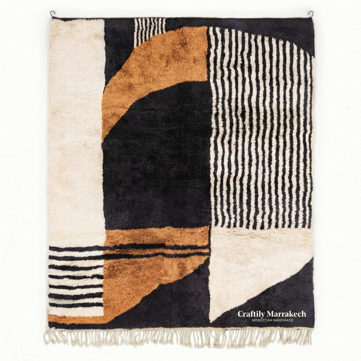 Custom Beni Mrirt Rug – Modernist Abstract Geometric in Camel &amp; Black