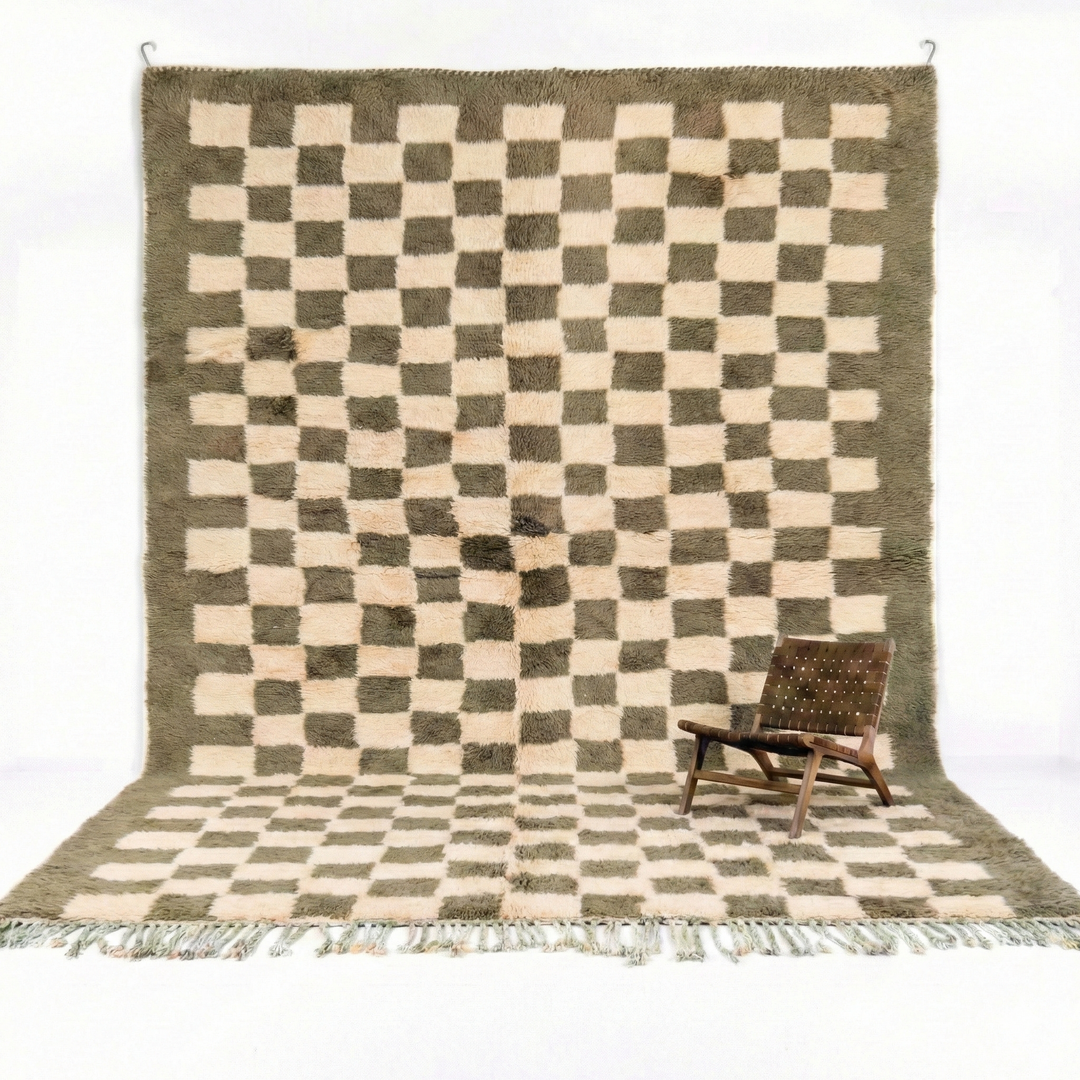 Custom Beni Mrirt Rug – Olive Green &amp; Cream Checkered