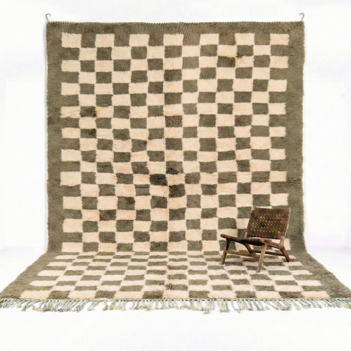 Custom Beni Mrirt Rug – Olive Green &amp; Cream Checkered