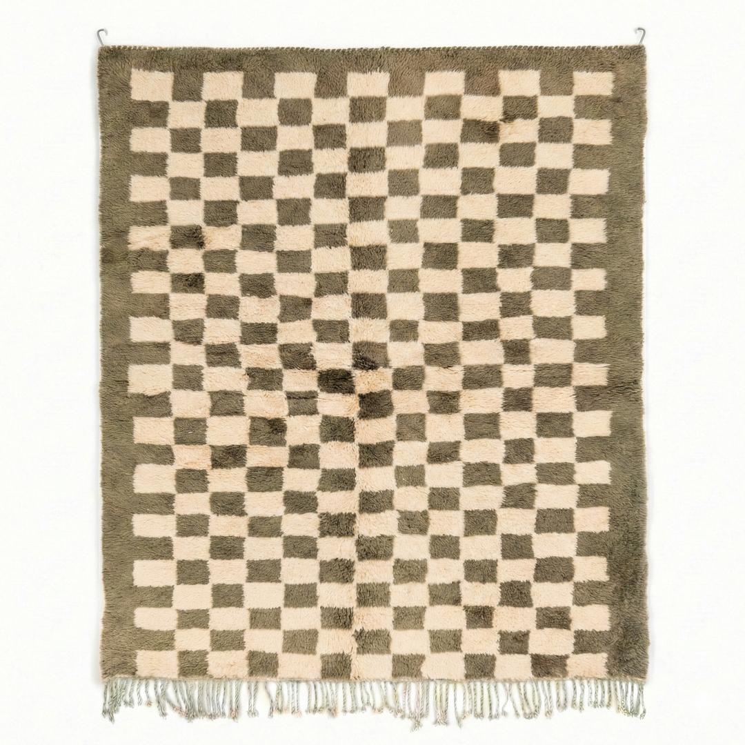 Custom Beni Mrirt Rug – Olive Green &amp; Cream Checkered
