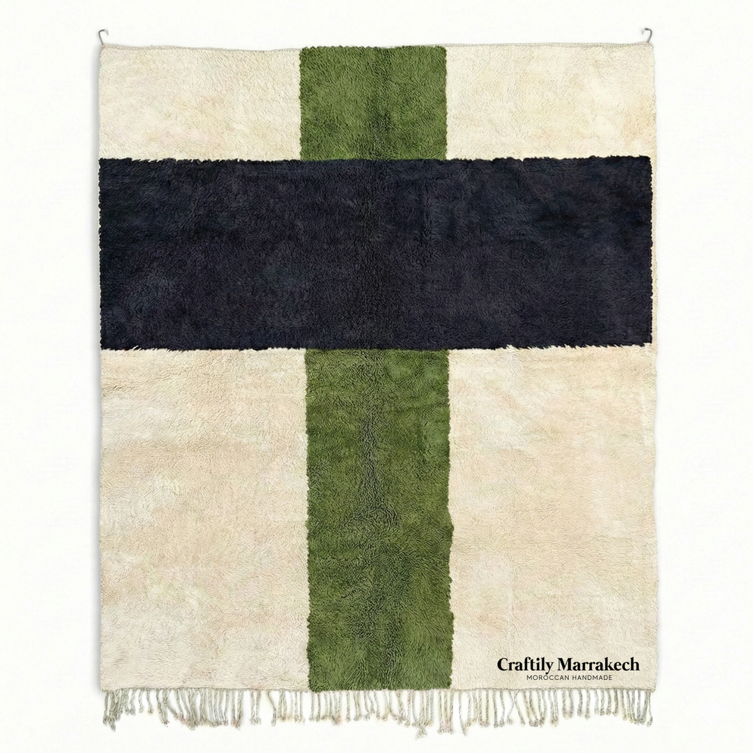 Custom Beni Mrirt Rug – Olive &amp; Charcoal Geometric Color Block