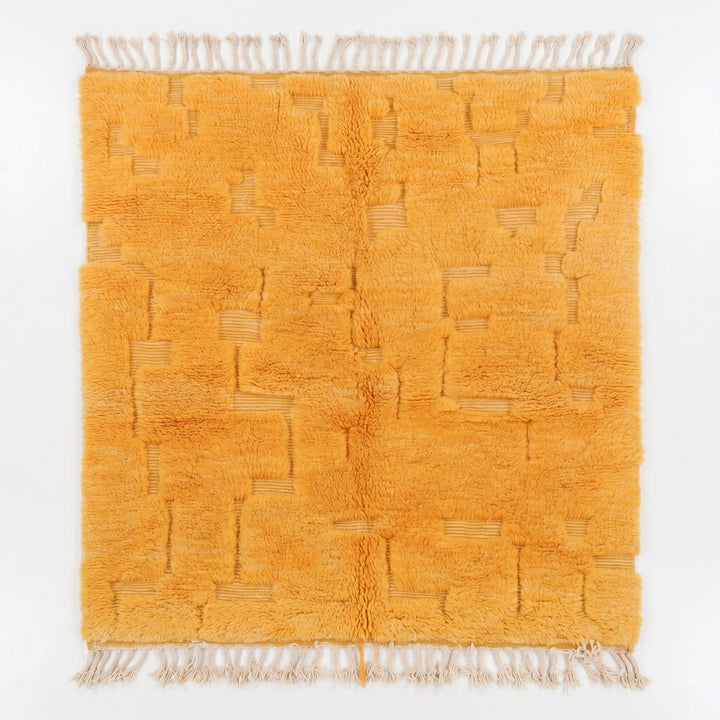 Custom Beni Mrirt Rug | Saffron Yellow Carved Geometric