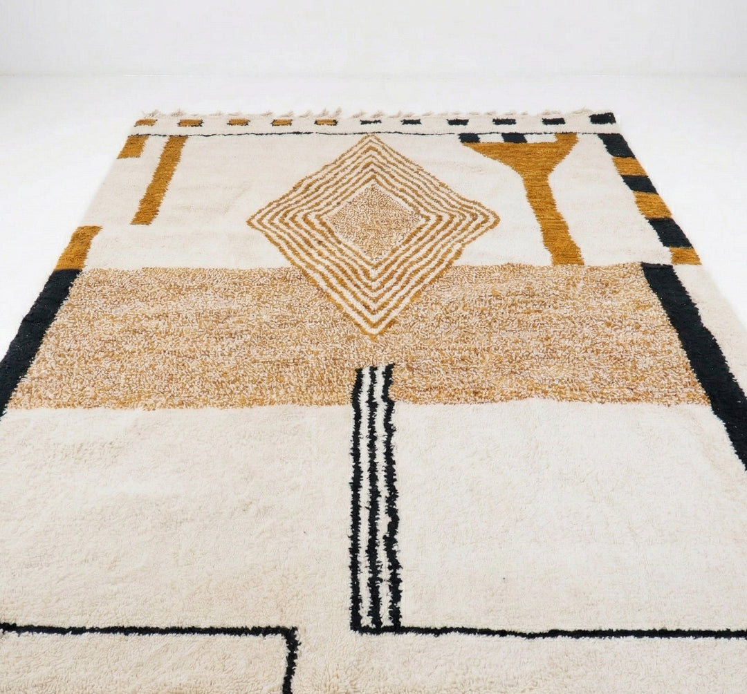 Authentic Custom Beni Ourain Rug - Mustard &amp; Taupe Geometric Art