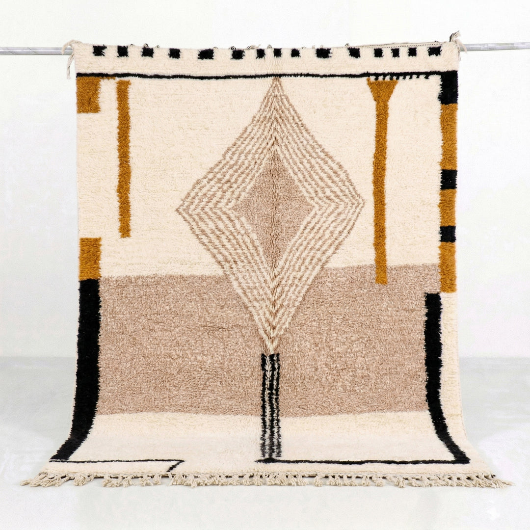 Tapis Beni Ourain sur mesure - Art géométrique moutarde et taupe