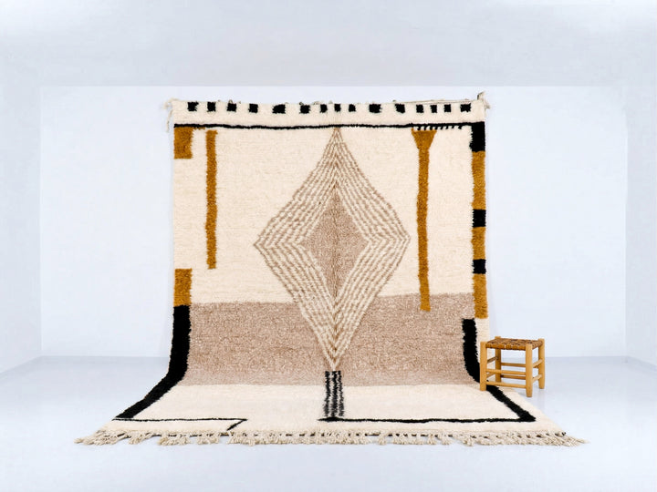 Tapis Beni Ourain sur mesure - Art géométrique moutarde et taupe