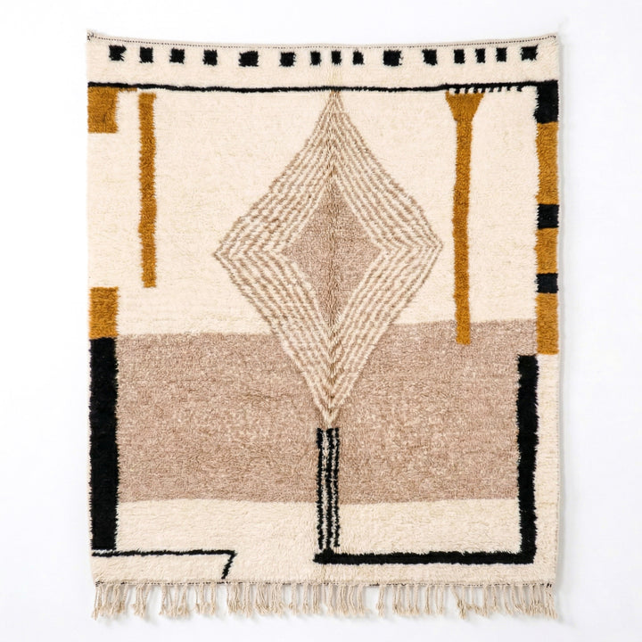 Tapis Beni Ourain sur mesure - Art géométrique moutarde et taupe