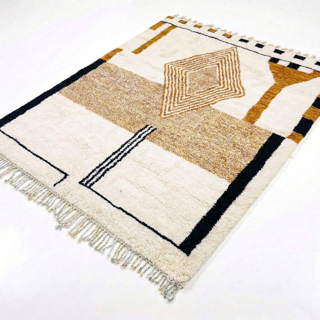 Tapis Beni Ourain sur mesure - Art géométrique moutarde et taupe