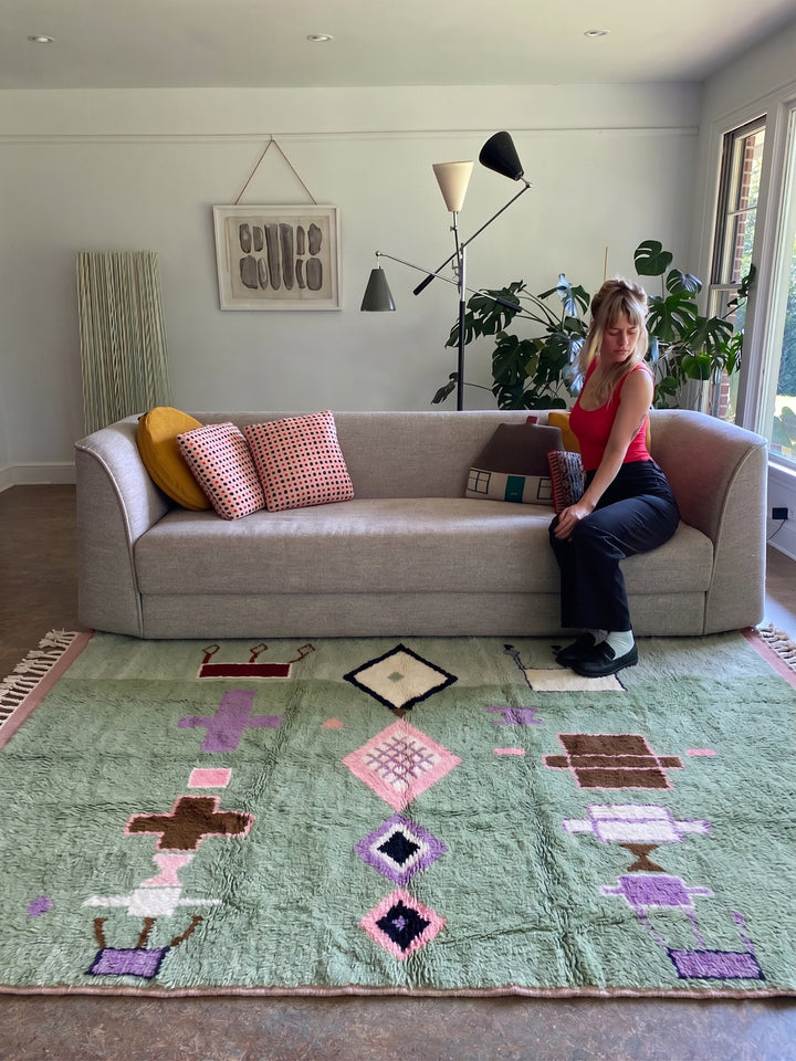 Authentic Custom Beni Ourain Rug | Sage Green Tribal Geometric