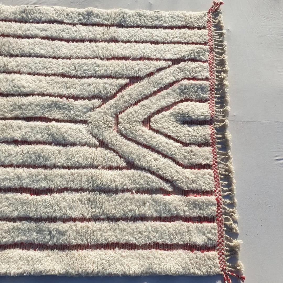 Custom Beni Ourain Rug | Abstract Cream with Deep Red Linear Geometric Design