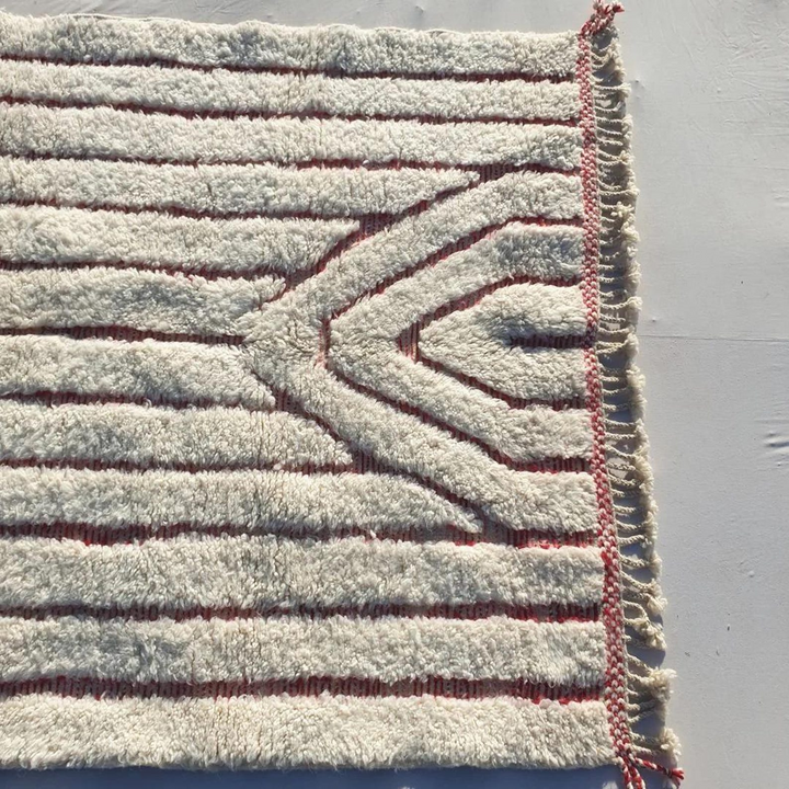 Custom Beni Ourain Rug | Abstract Cream with Deep Red Linear Geometric Design
