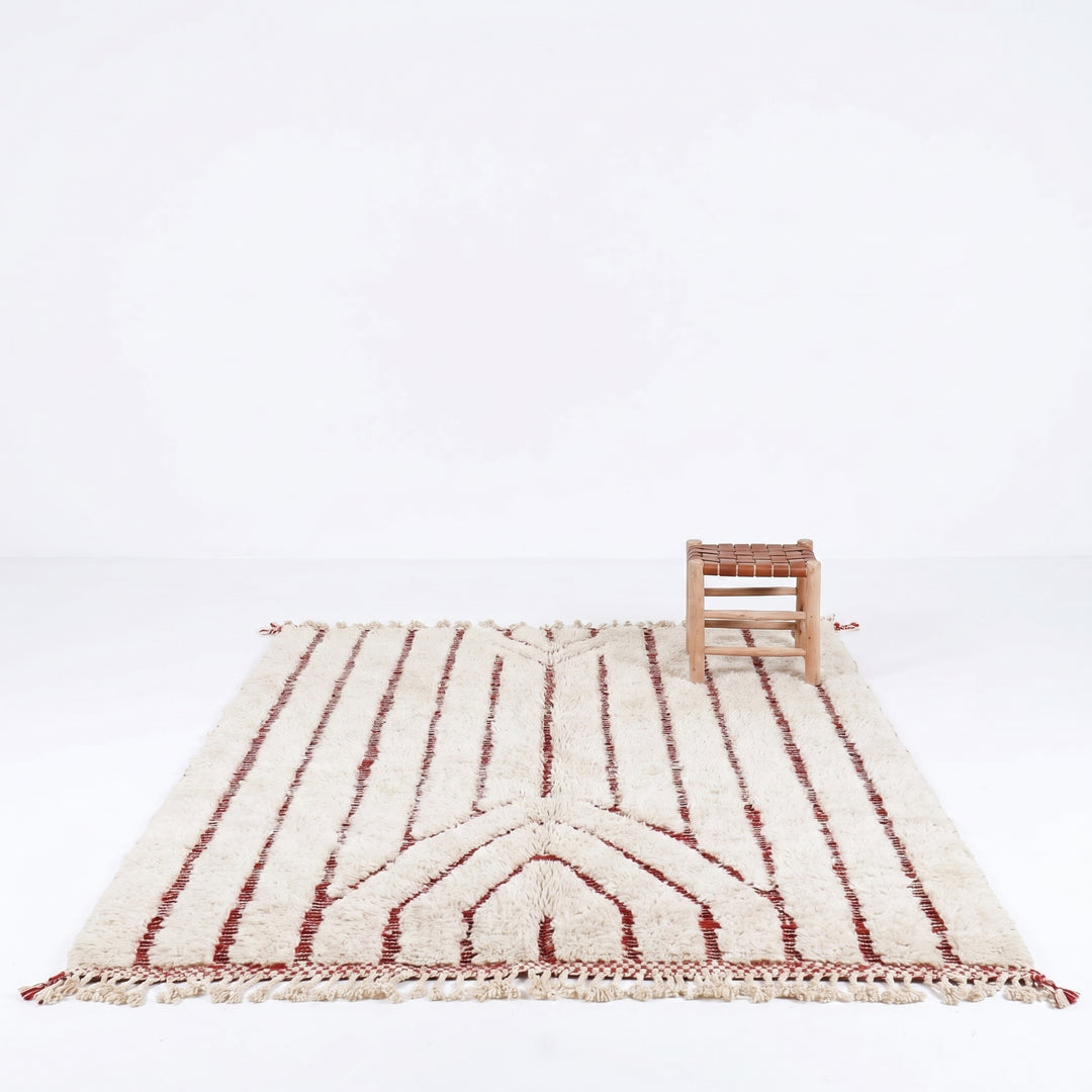 Custom Beni Ourain Rug | Abstract Cream with Deep Red Linear Geometric Design
