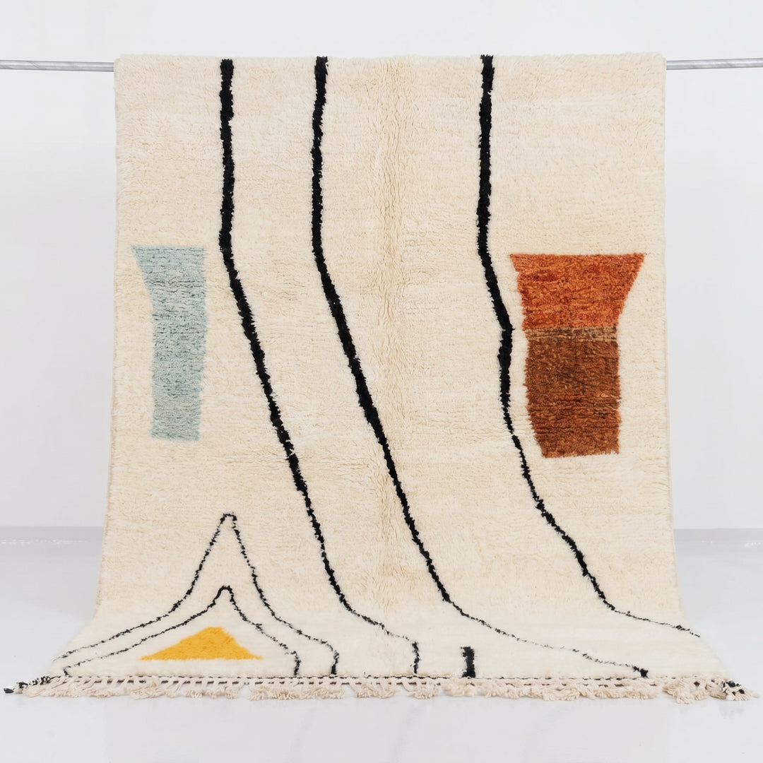Tapis Beni Ouarain sur mesure | Art linéaire abstrait avec des accents moutarde, sarcelle et rouille