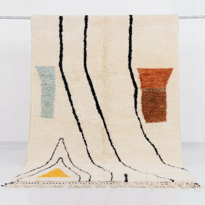 Tapis Beni Ouarain sur mesure | Art linéaire abstrait avec des accents moutarde, sarcelle et rouille