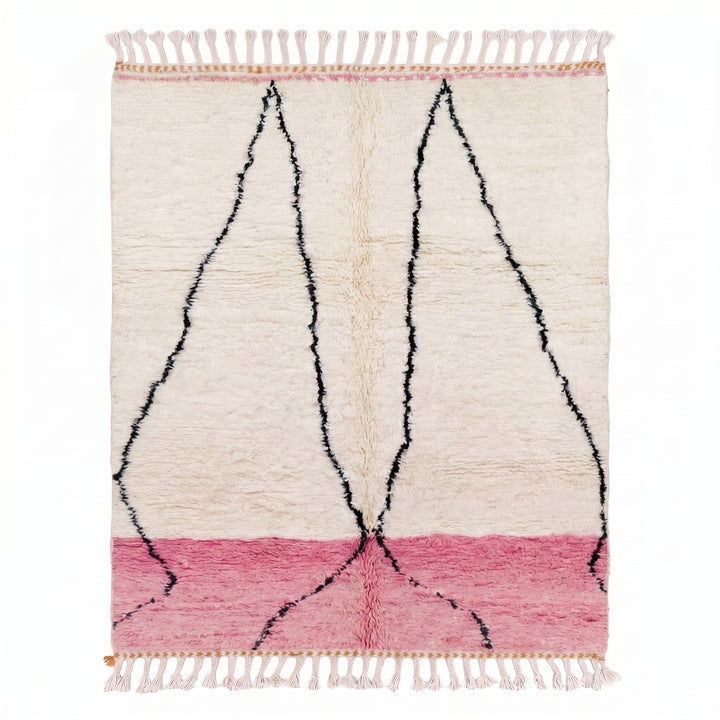 Tapis Beni Ourain personnalisé | Art linéaire abstrait avec bloc de couleur rose