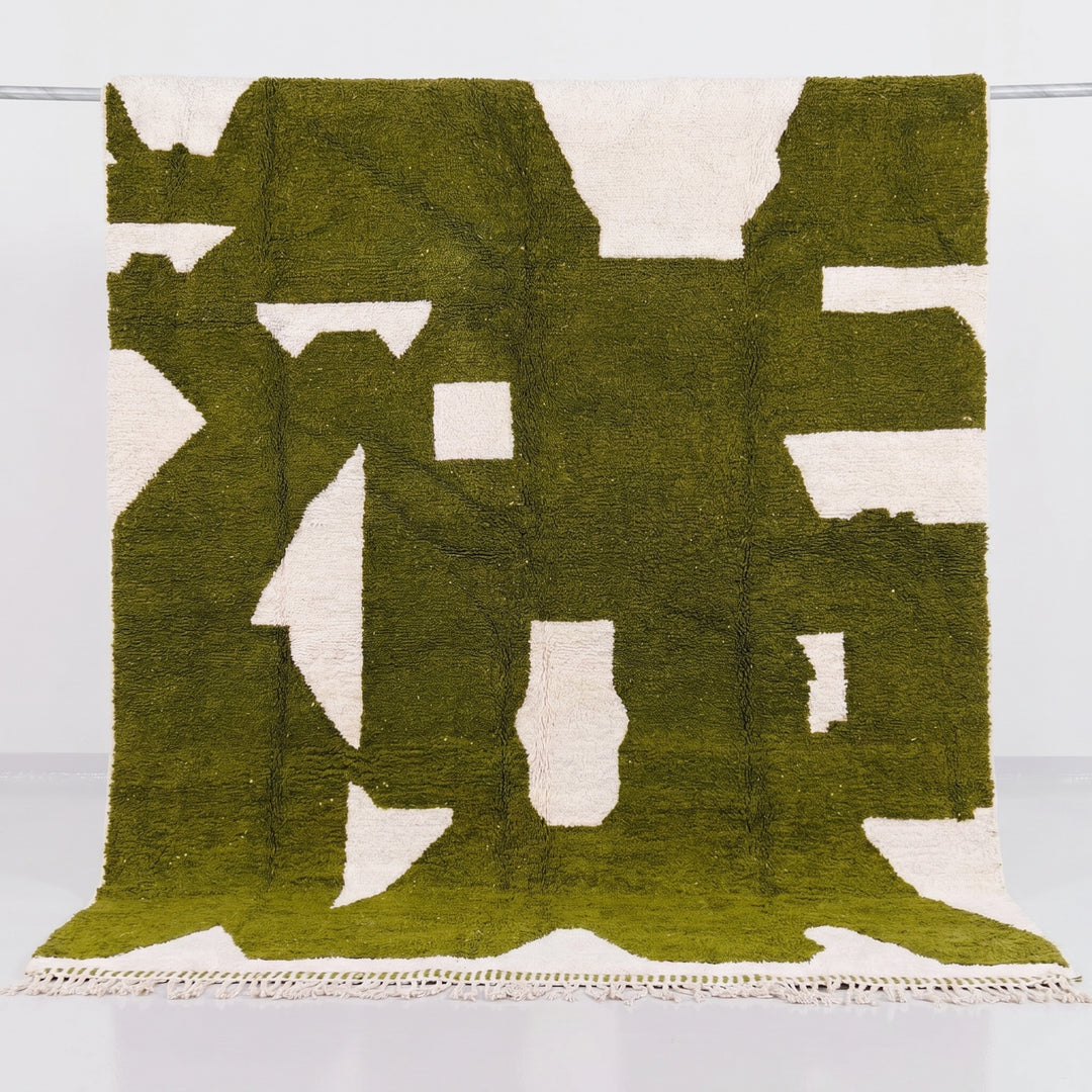 Custom Beni Ourain Rug | Abstract Olive Green &amp; Cream Geometric
