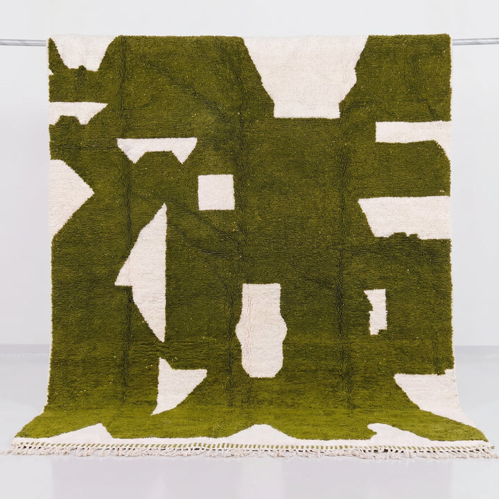 Custom Beni Ourain Rug | Abstract Olive Green &amp; Cream Geometric