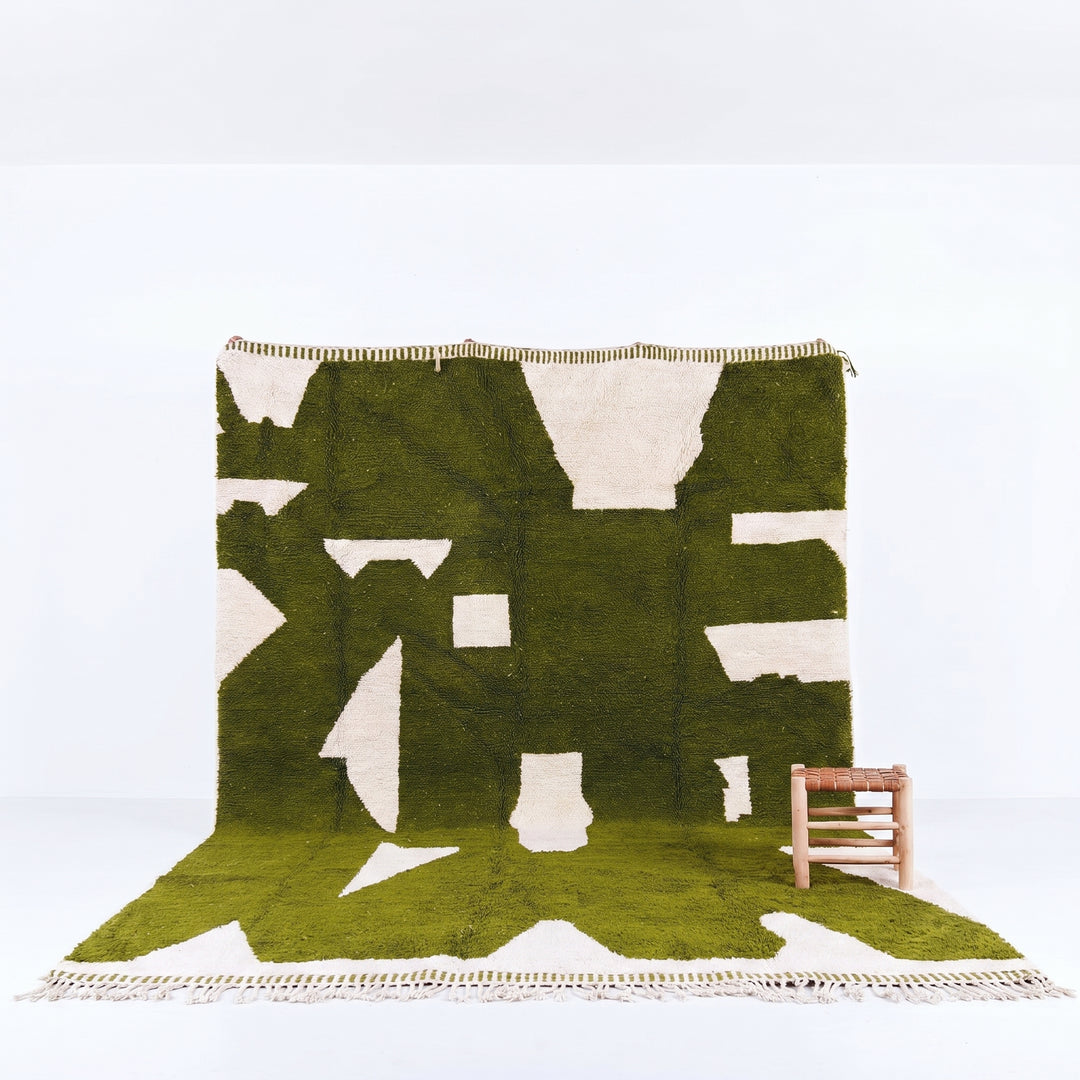 Custom Beni Ourain Rug | Abstract Olive Green &amp; Cream Geometric