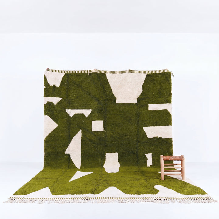 Custom Beni Ourain Rug | Abstract Olive Green &amp; Cream Geometric