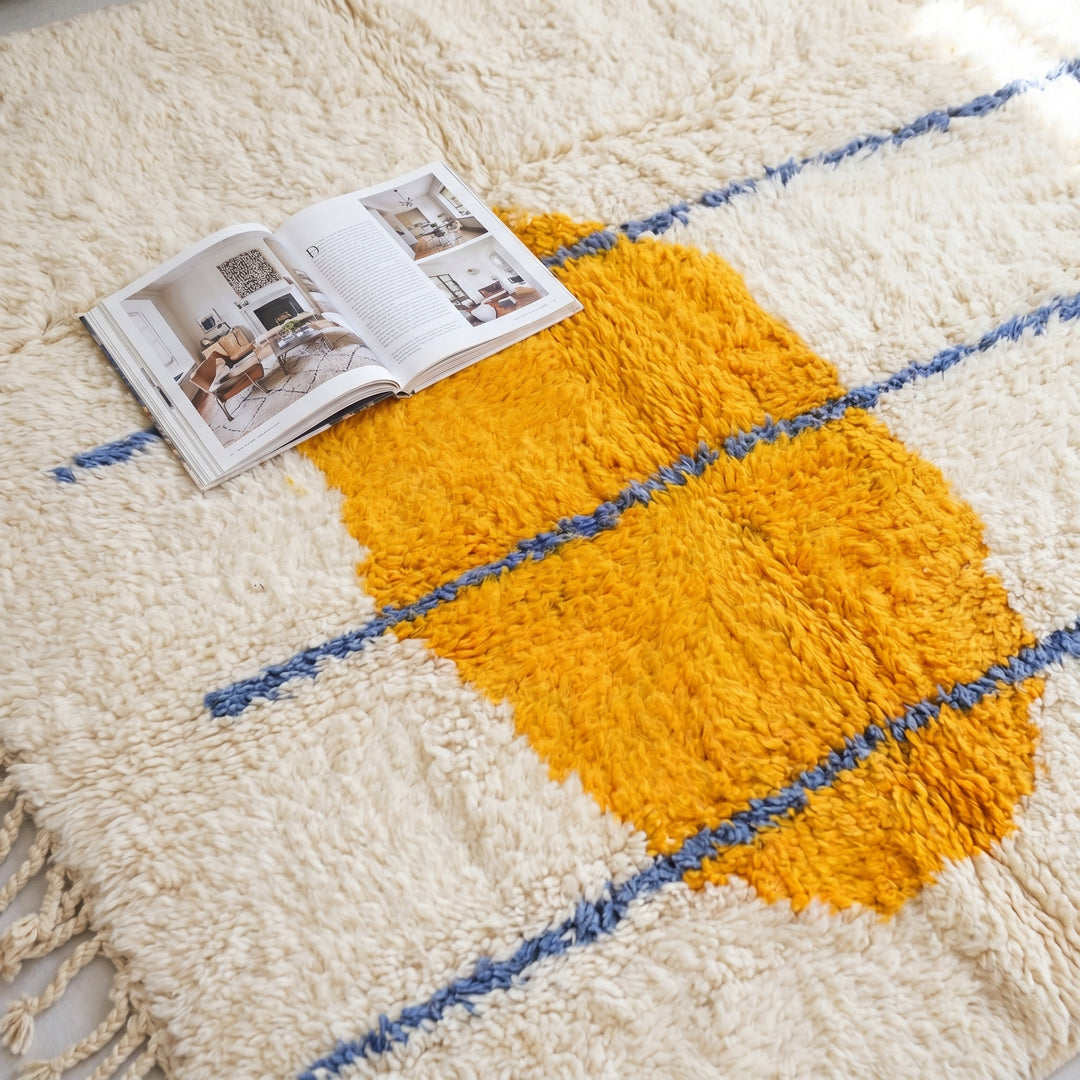 Custom Beni Ourain Rug | Abstract Orange Sun &amp; Blue Geometric