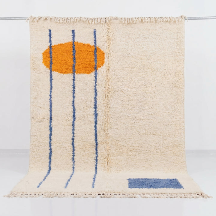 Custom Beni Ourain Rug | Abstract Orange Sun &amp; Blue Geometric