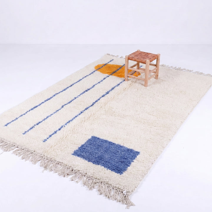 Custom Beni Ourain Rug | Abstract Orange Sun &amp; Blue Geometric