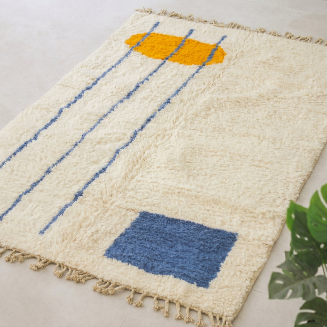Custom Beni Ourain Rug | Abstract Orange Sun &amp; Blue Geometric