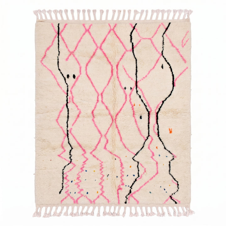 Tapis Beni Ourain personnalisé | Diamant rose abstrait et dessin au trait noir