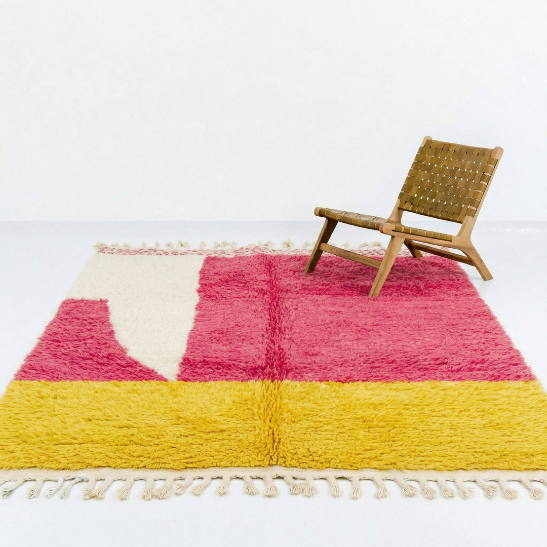 Authentic Custom Beni Ourain Rug | Abstract Pink and Yellow Color Block