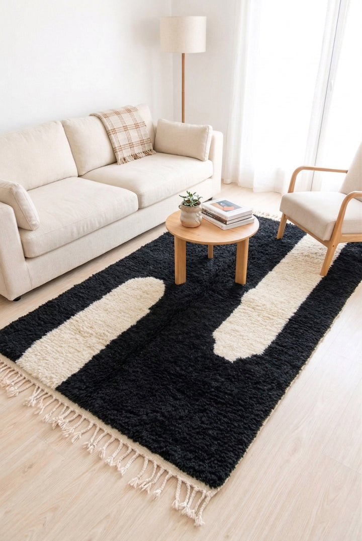 Authentic Custom Beni Ourain Rug | Bold Black &amp; Ivory Abstract Minimalist