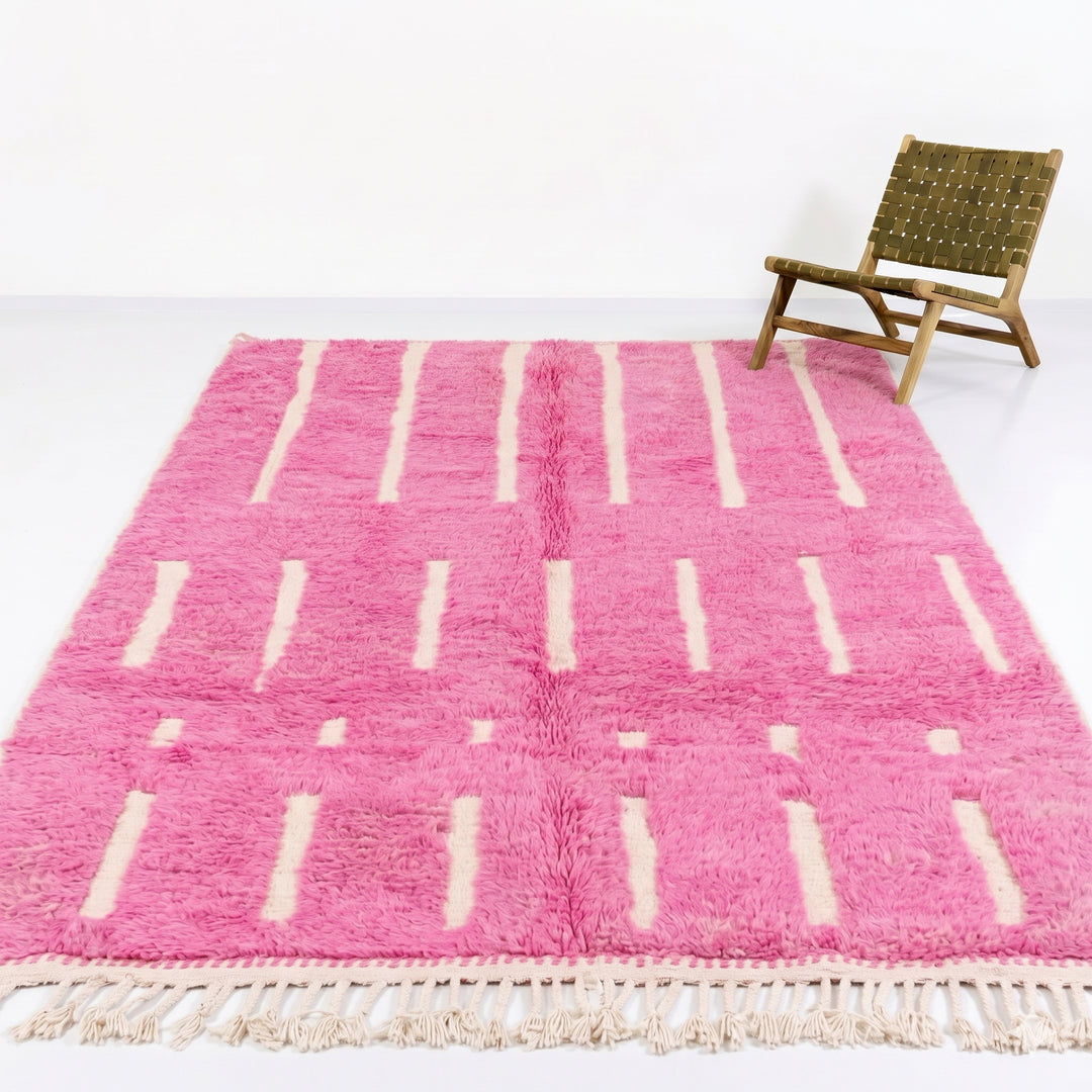 Custom Beni Ourain Rug | Bright Pink Geometric Stripe