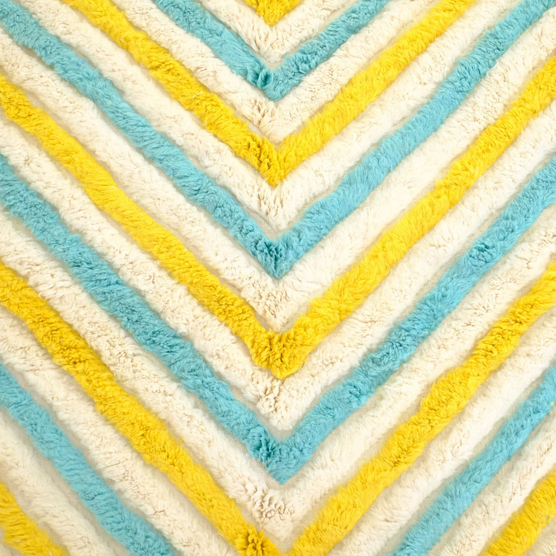 Custom Moroccan Round Rug – Cream Wool with Turquoise &amp; Yellow Zigzag