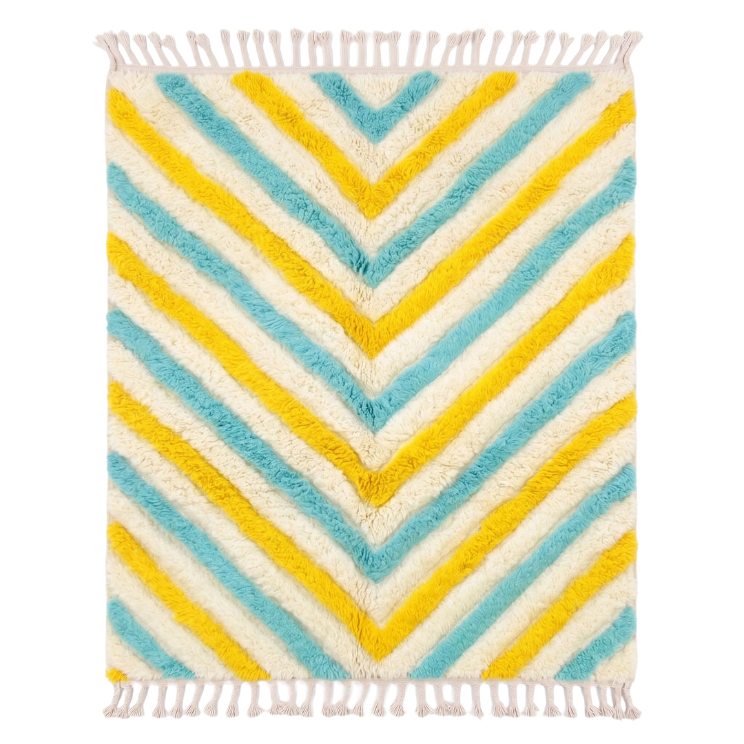 Tapis Beni Ourain personnalisé | Laine crème avec zigzag turquoise et jaune