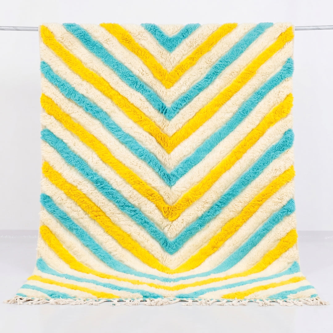 Tapis Beni Ourain personnalisé | Laine crème avec zigzag turquoise et jaune